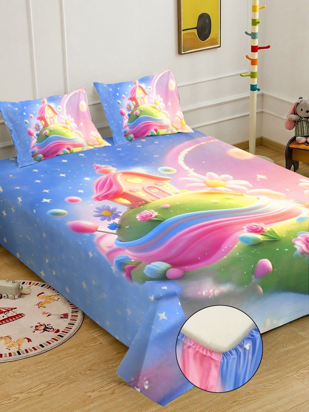 Myntra Elegant Homes Printed Fitted 400 TC King 7D Bedsheet With 2 Pillow Cover