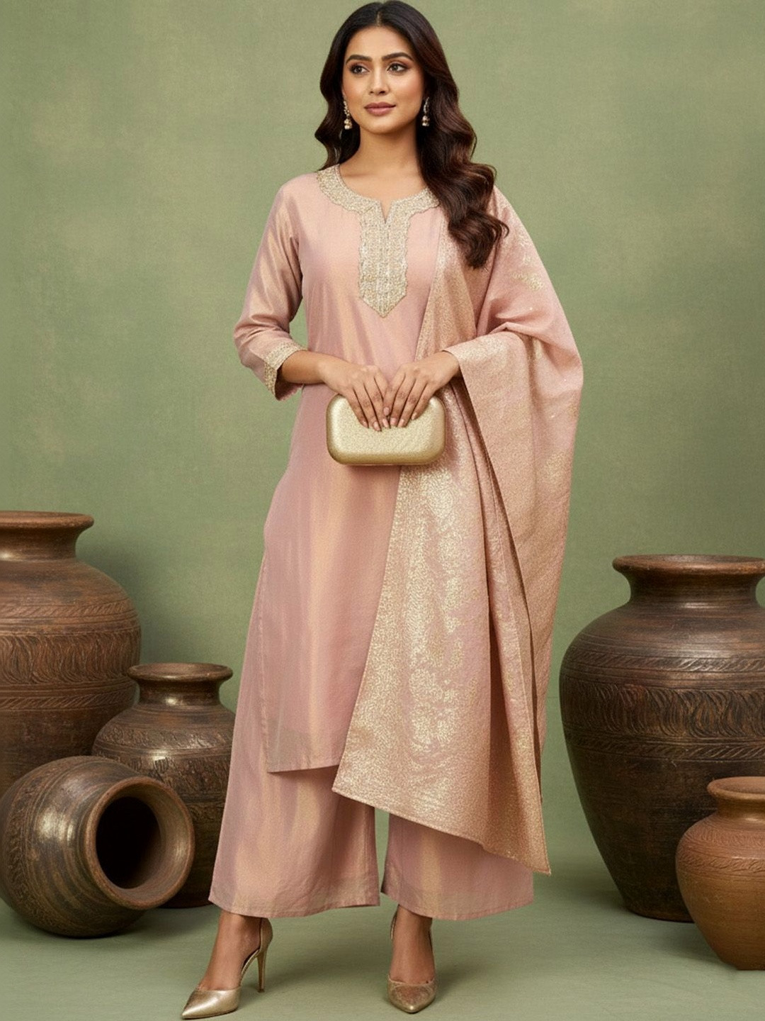 Sangria Round-Neck Kurta Trousers & Dupatta