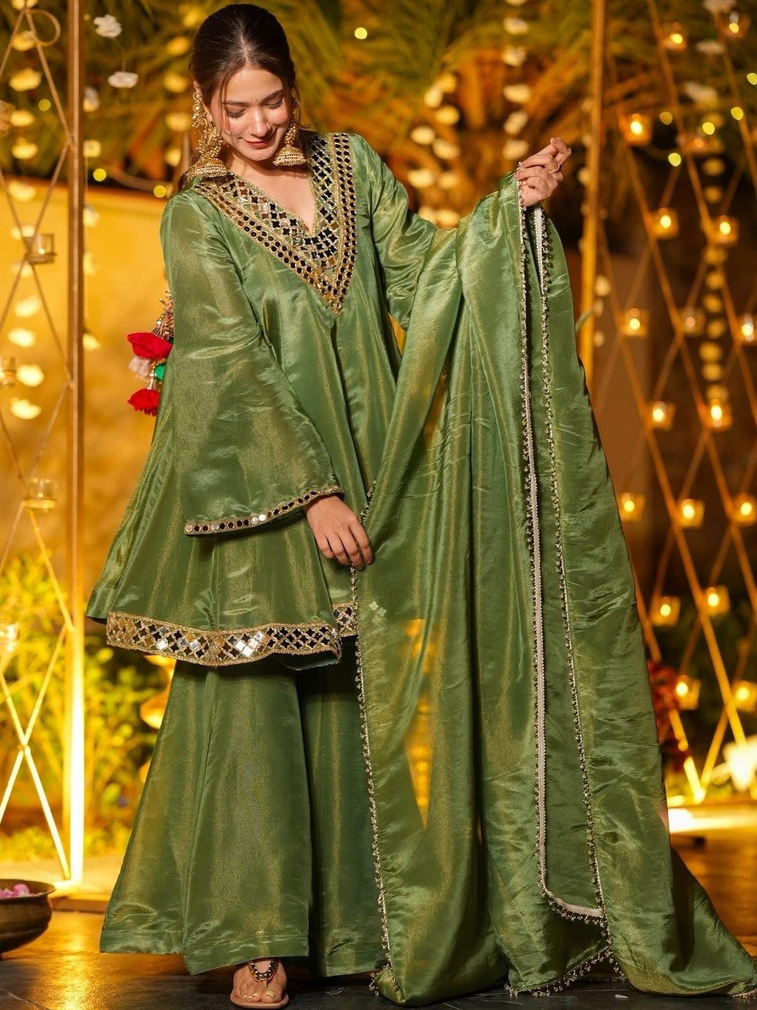 KALINI Ethnic Motifs Embroidered Empire Mirror Work Kurta with Sharara & With Dupatta