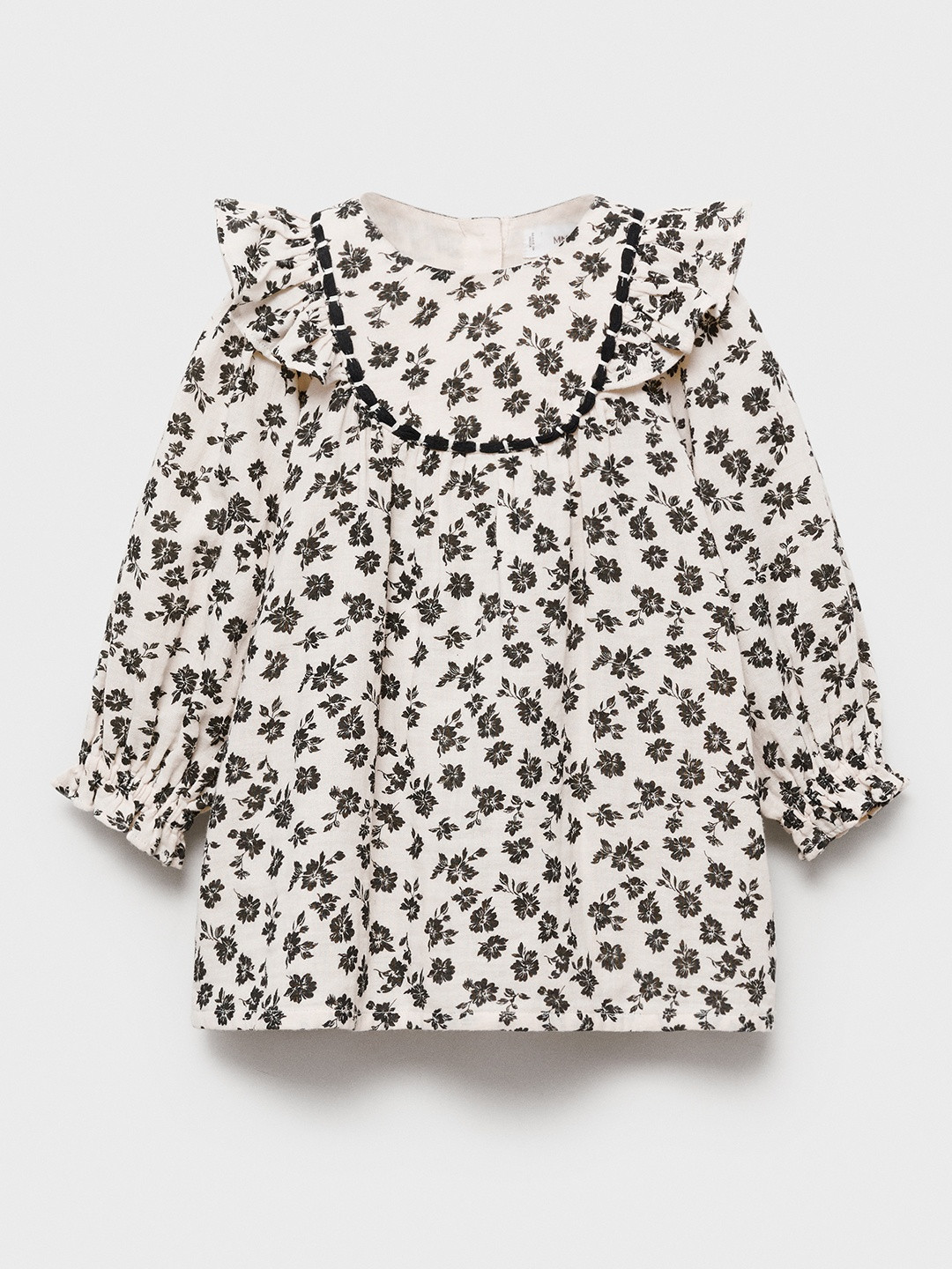 Mango Kids Girls Floral Printed Puff Sleeve Ruffled Pure Cotton Empire Dress