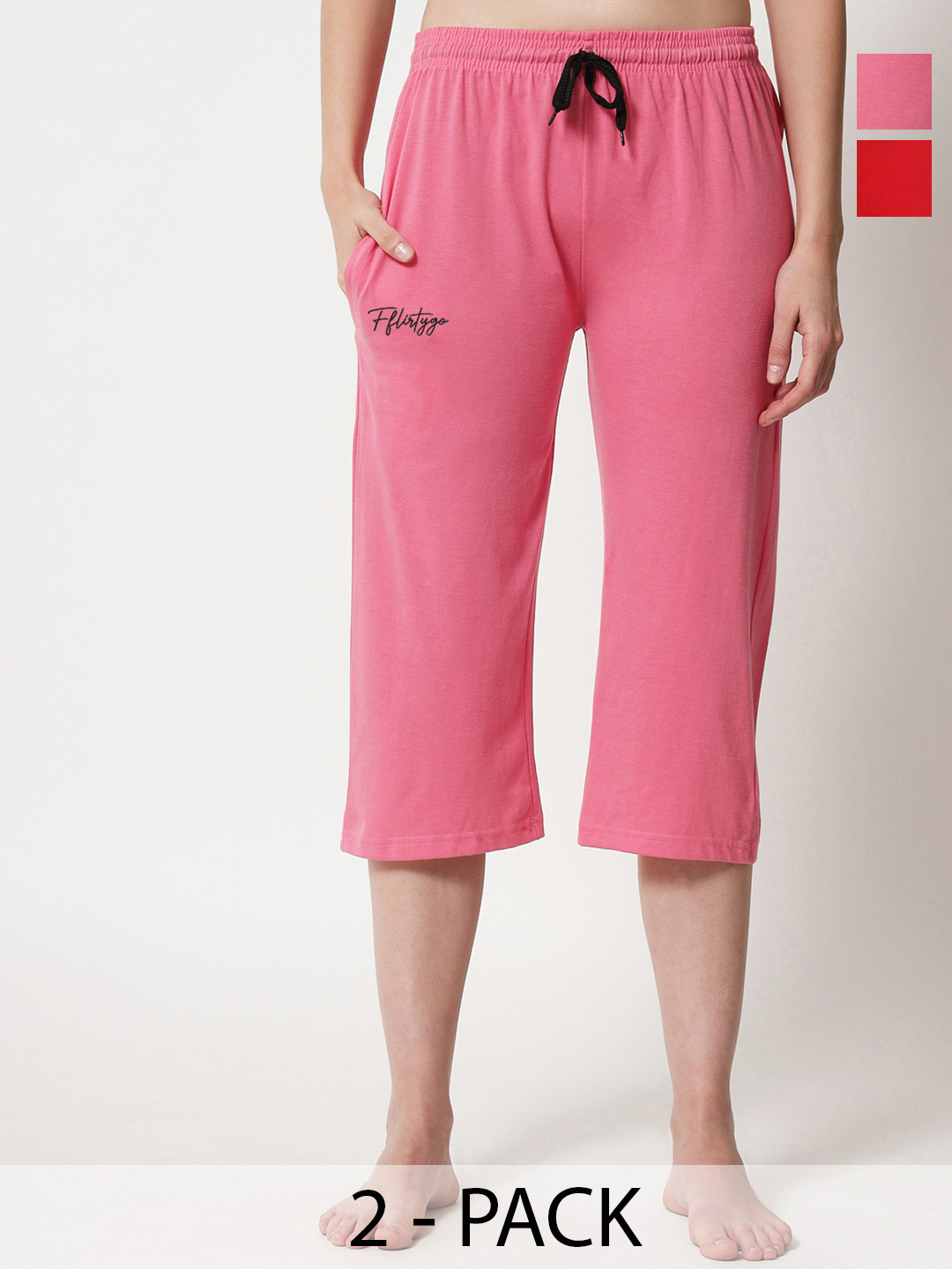 FFLIRTYGO Pack of 2 Women Pink & Red Solid Capris