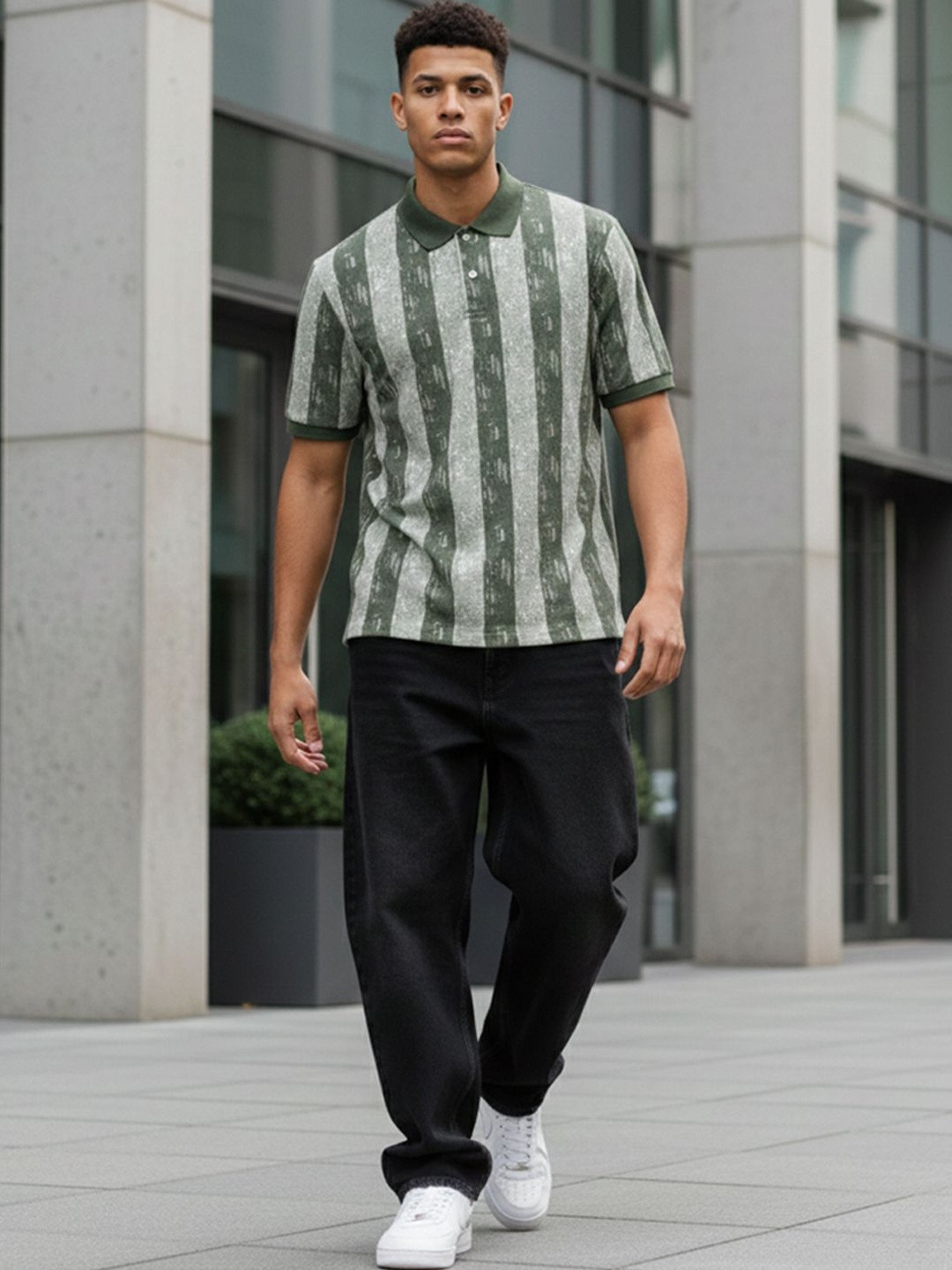 STEVE STATUS Men Striped Polo Collar T-shirt