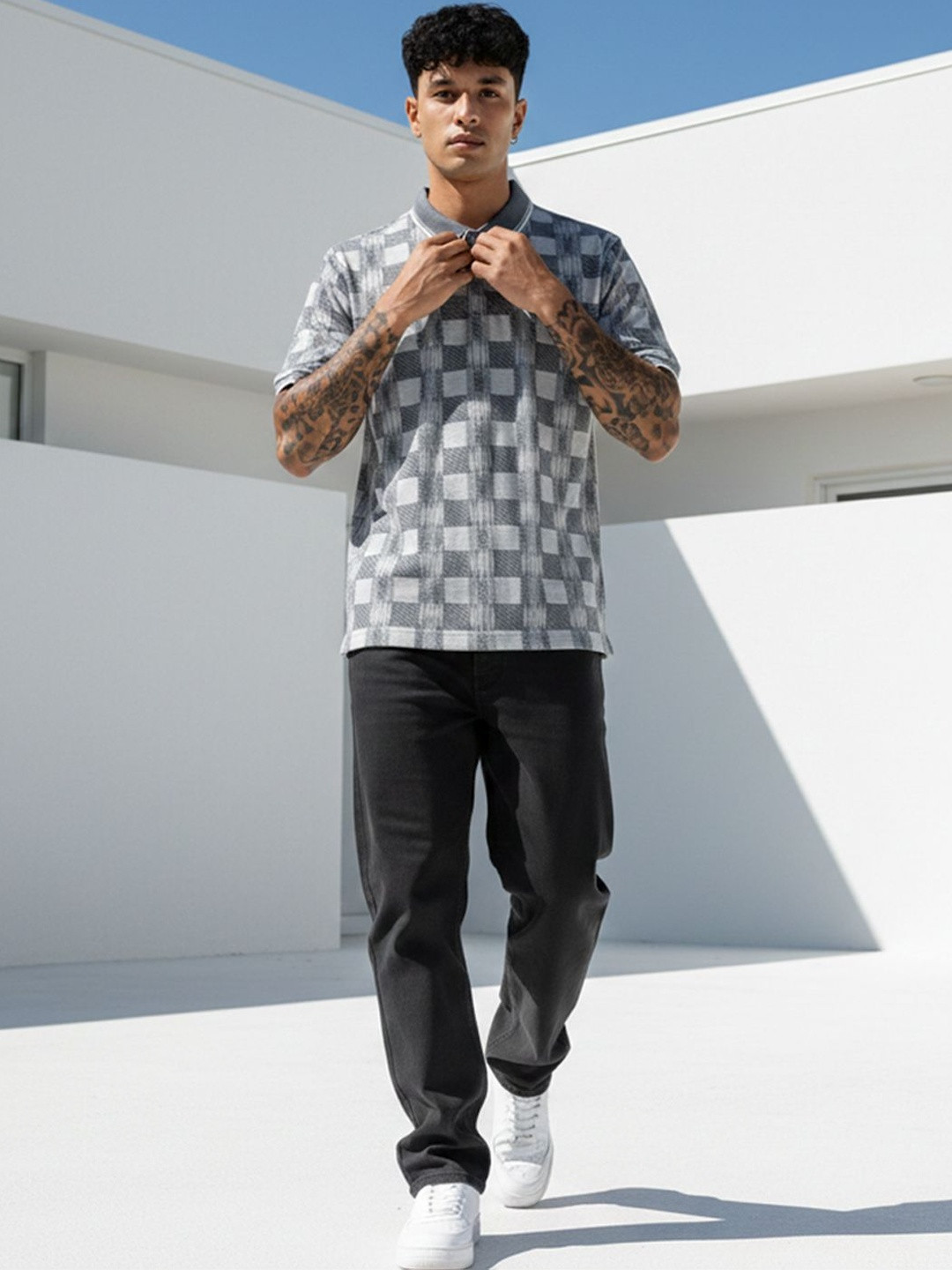 Charcoal Checked Polo Collar T-shirt for Men