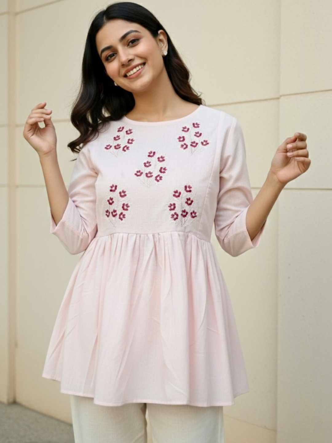 Vaidiki Floral Embroidered Cotton Blend Peplum Maternity Top