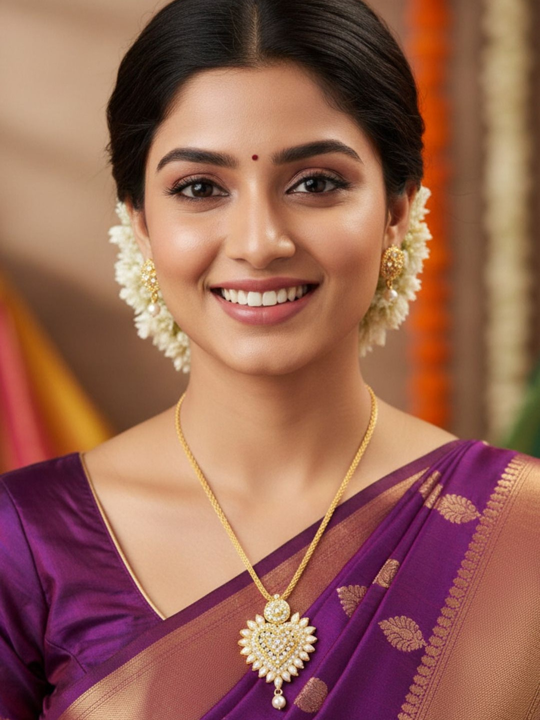 SZN Gold-Plated Stone Studded & Beaded Pendant and Earrings