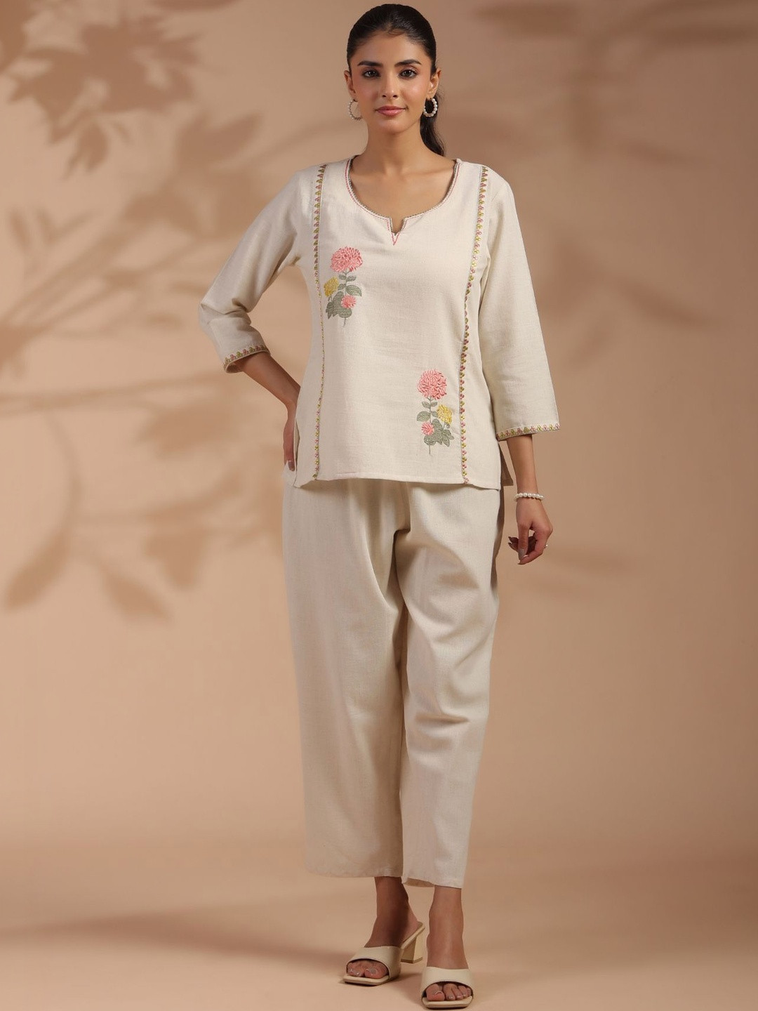 NNAVDHA Summer Checks Cotton Embroidered Tunic with Trousers