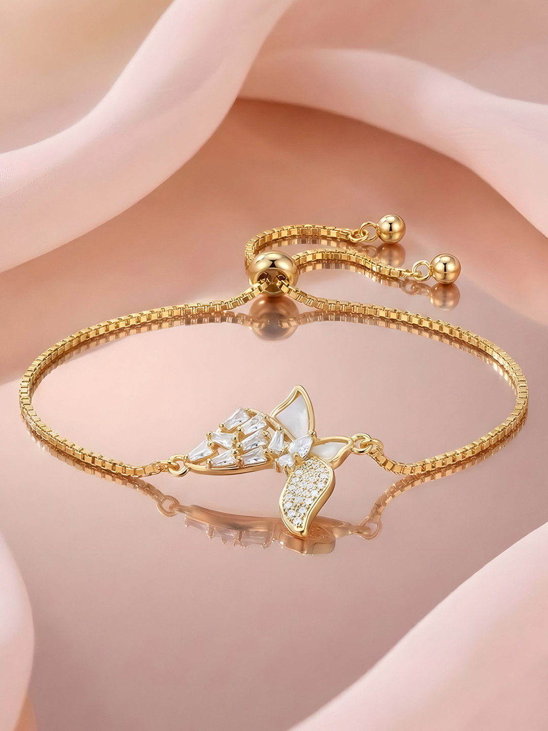 ADIVA 18K Gold-Plated Anti-Tarnish Angel Motif & Crystal Adjustable Bracelet