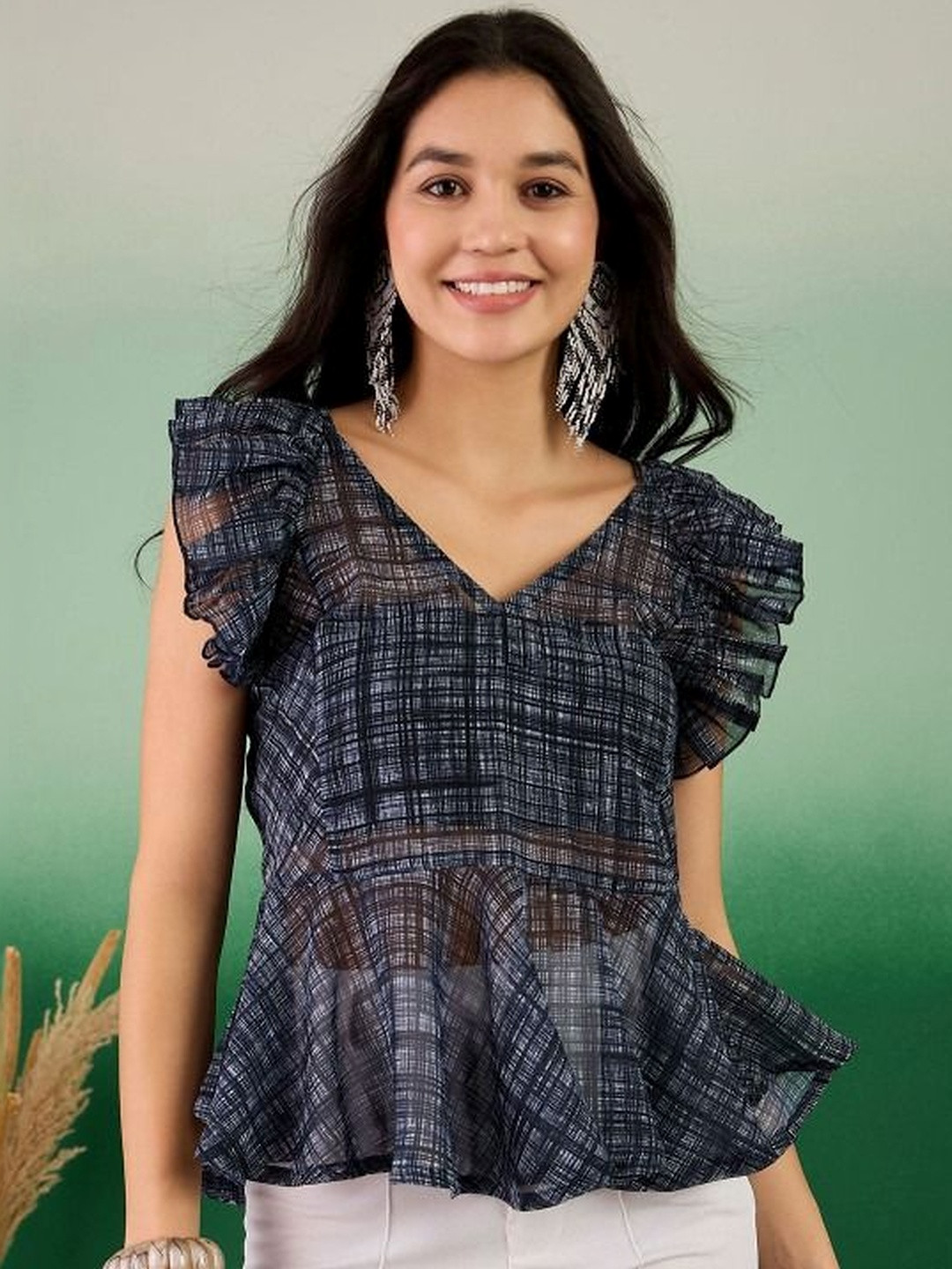 Sangria FUZN Print Flutter Sleeve Ruffles Georgette Peplum Top