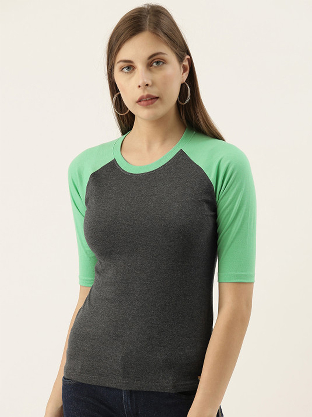 PINACOLADA Women Charcoal Grey & Green Solid Round Neck Pure Cotton T-shirt
