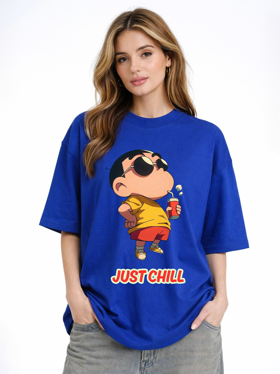 RAYACLOSET Graphic Printed Round Neck Drop Shoulder Cotton Oversized T-shirt