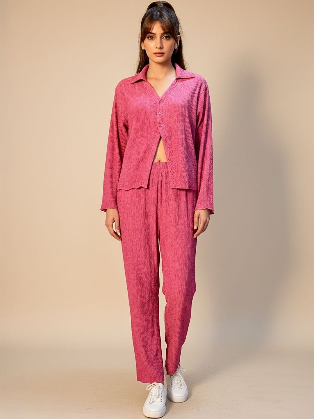 FABLAND Pink Solid Shirt with Trousers
