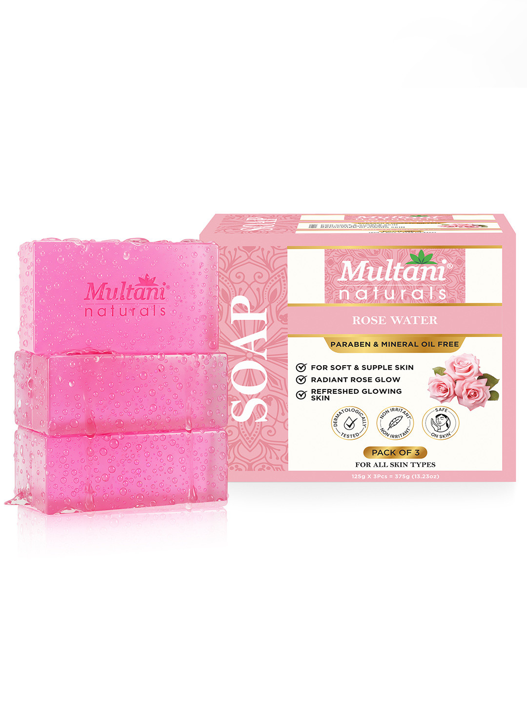 Multani Set Of 3 Rose Water Soap - 125 g Each