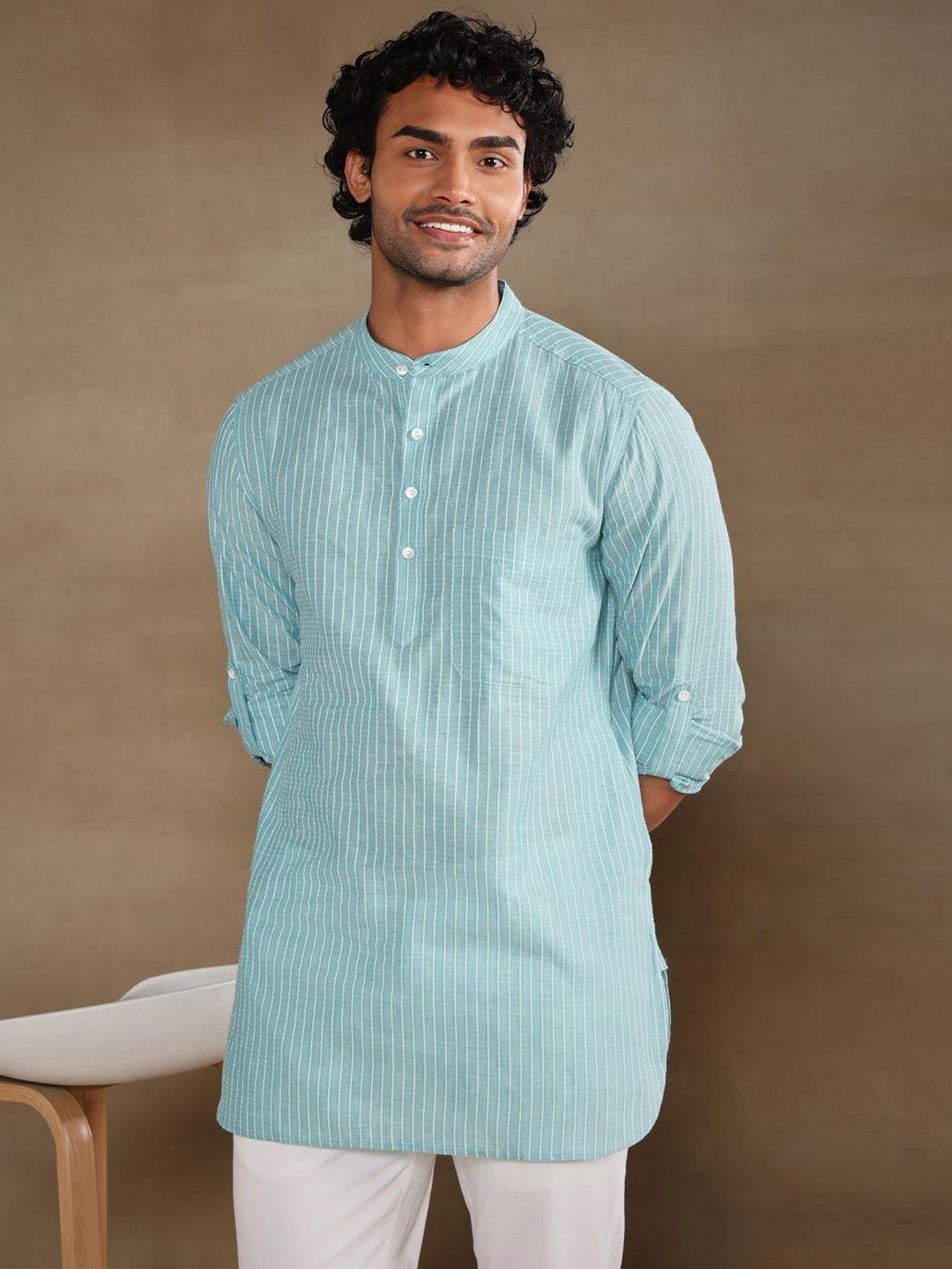 Fabindia Striped Mandarin Collar Cotton Straight Kurta