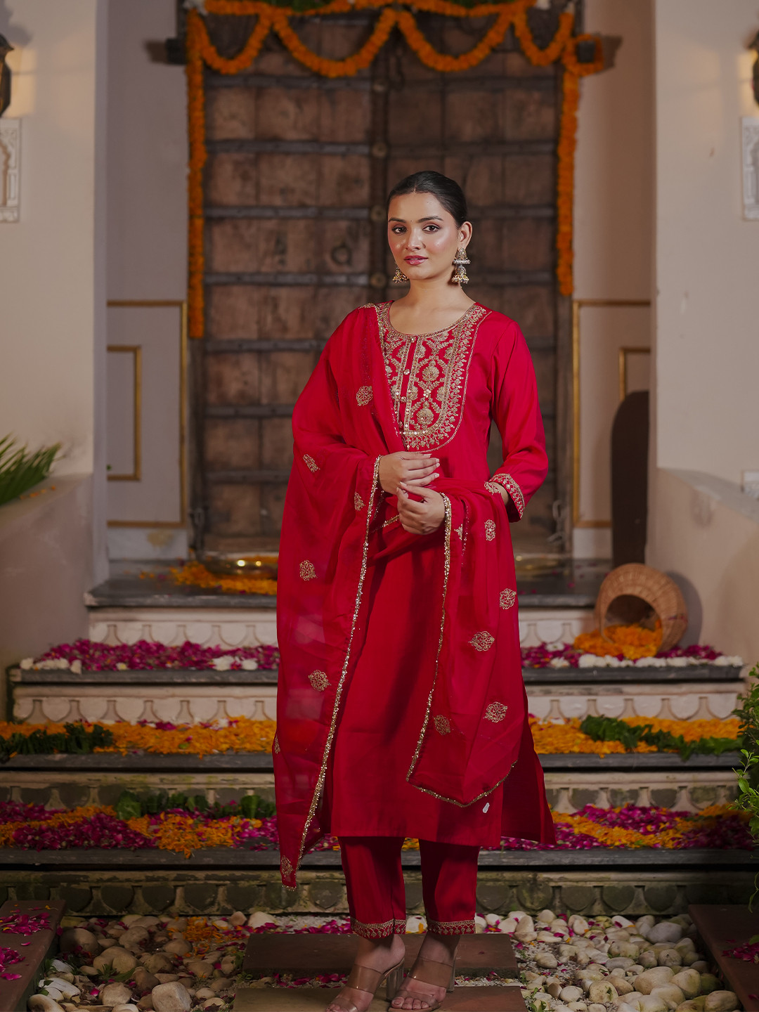 Indo Era Women Ethnic Motifs Embroidered Regular Kurta with Trousers & With Dupatta