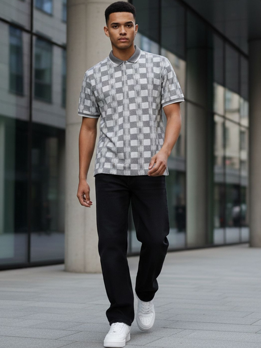 STEVE STATUS Grey Checked Polo Collar T-shirt