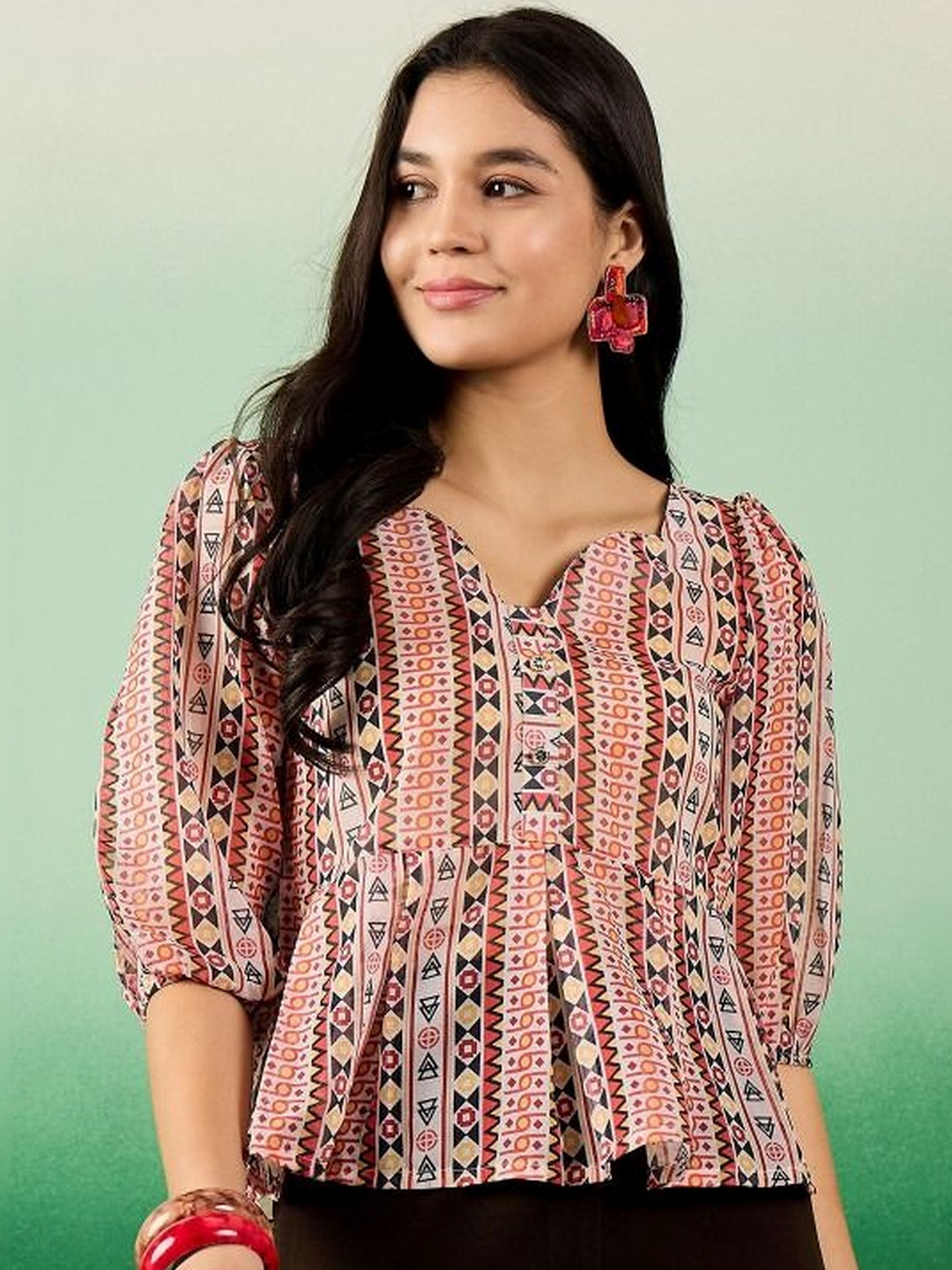 Sangria FUZN Geometric Print Puff Sleeve Peplum Top