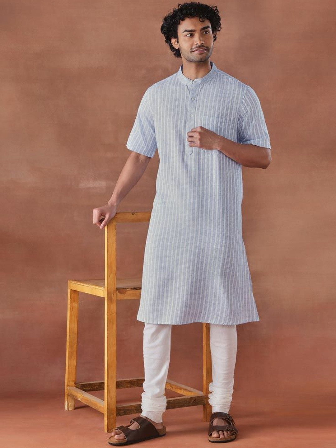 Fabindia Striped Mandarin Collar Cotton Straight Kurta