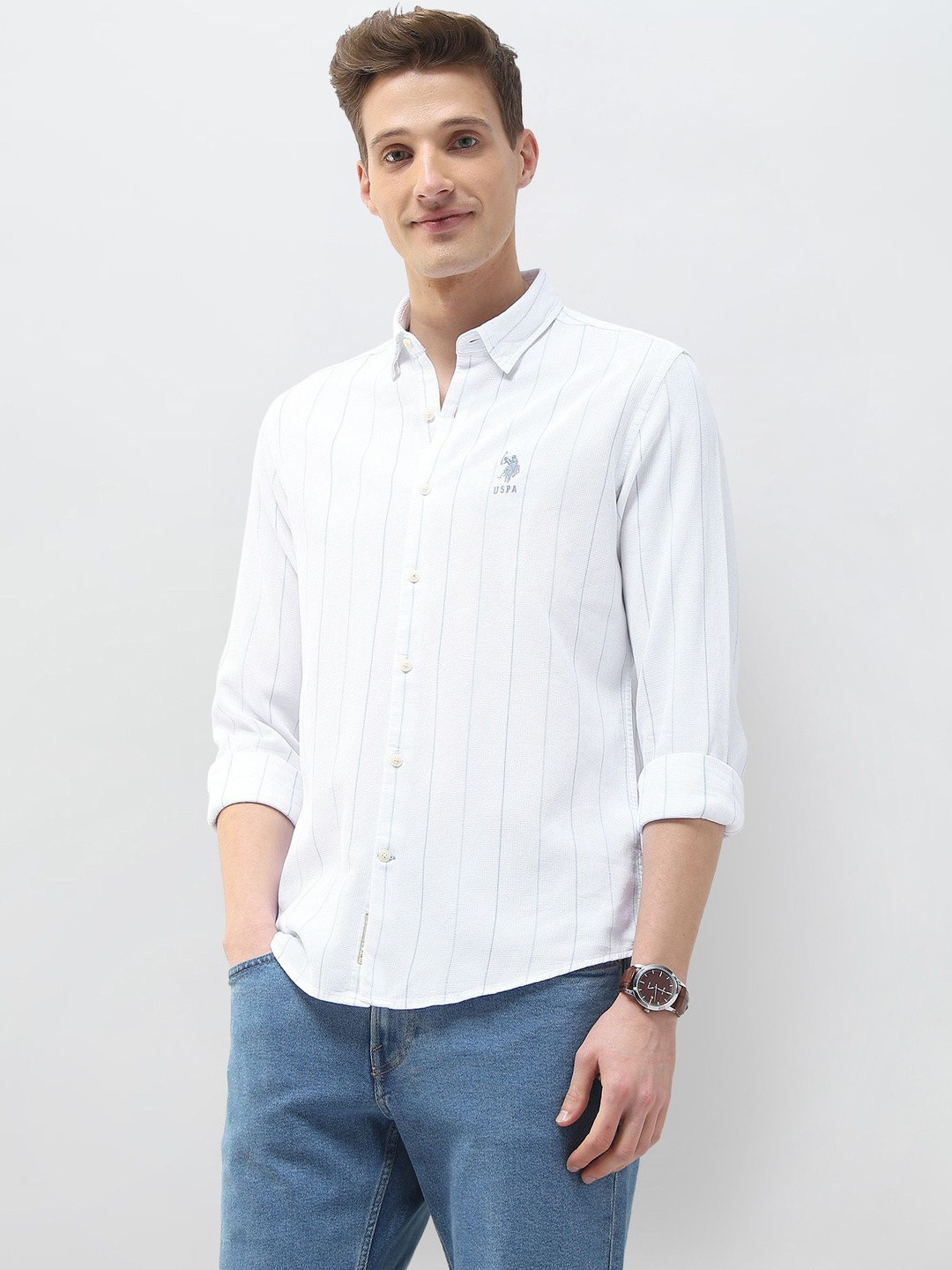 U.S. Polo Assn. Denim Co.Textured Vertical Striped Pure Cotton Shirt