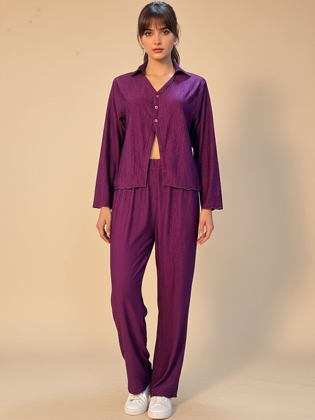 FABLAND Purple Solid Shirt with Trousers