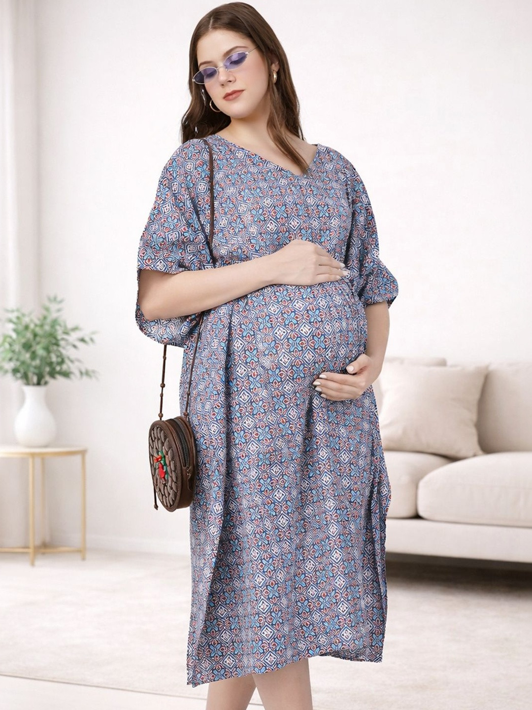 angloindu Print Batwing Sleeve Maternity Kaftan Midi Dress