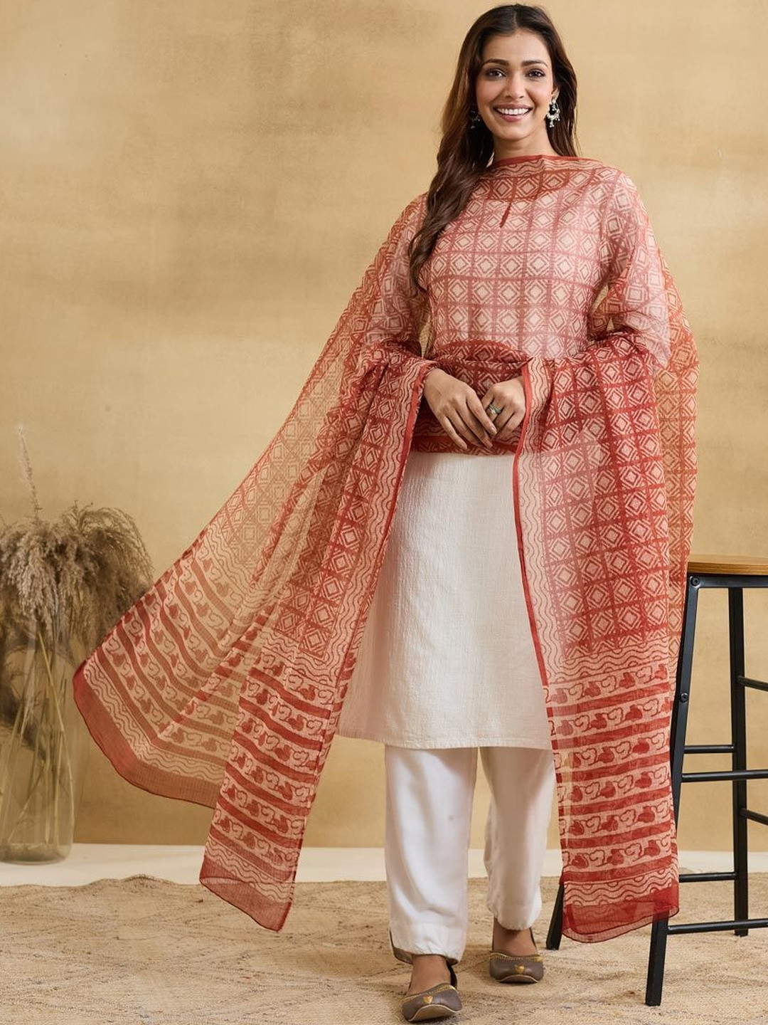 Fabindia Ethnic Motifs Printed Cotton Silk Block Print Dupatta