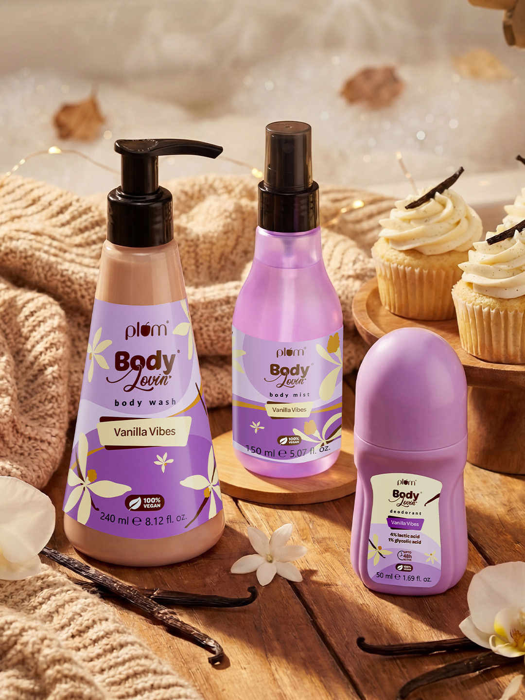 Plum Set Of BodyLovin' Vanilla Vibes Fragrance Body Mist, Deodorant Roll On & Shower Gel