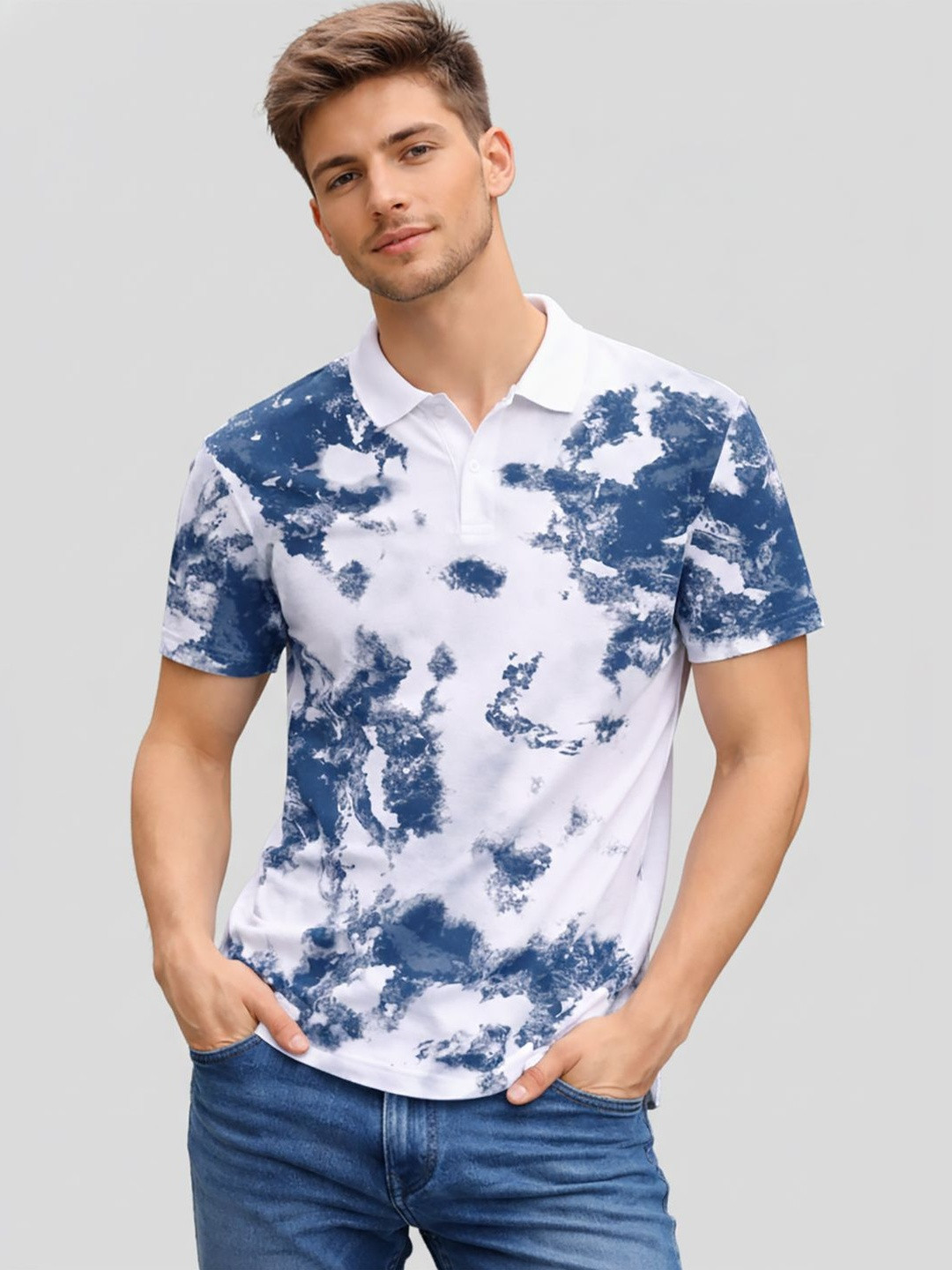 SZN Men Tie and Dye Dyed Polo Collar T-shirt