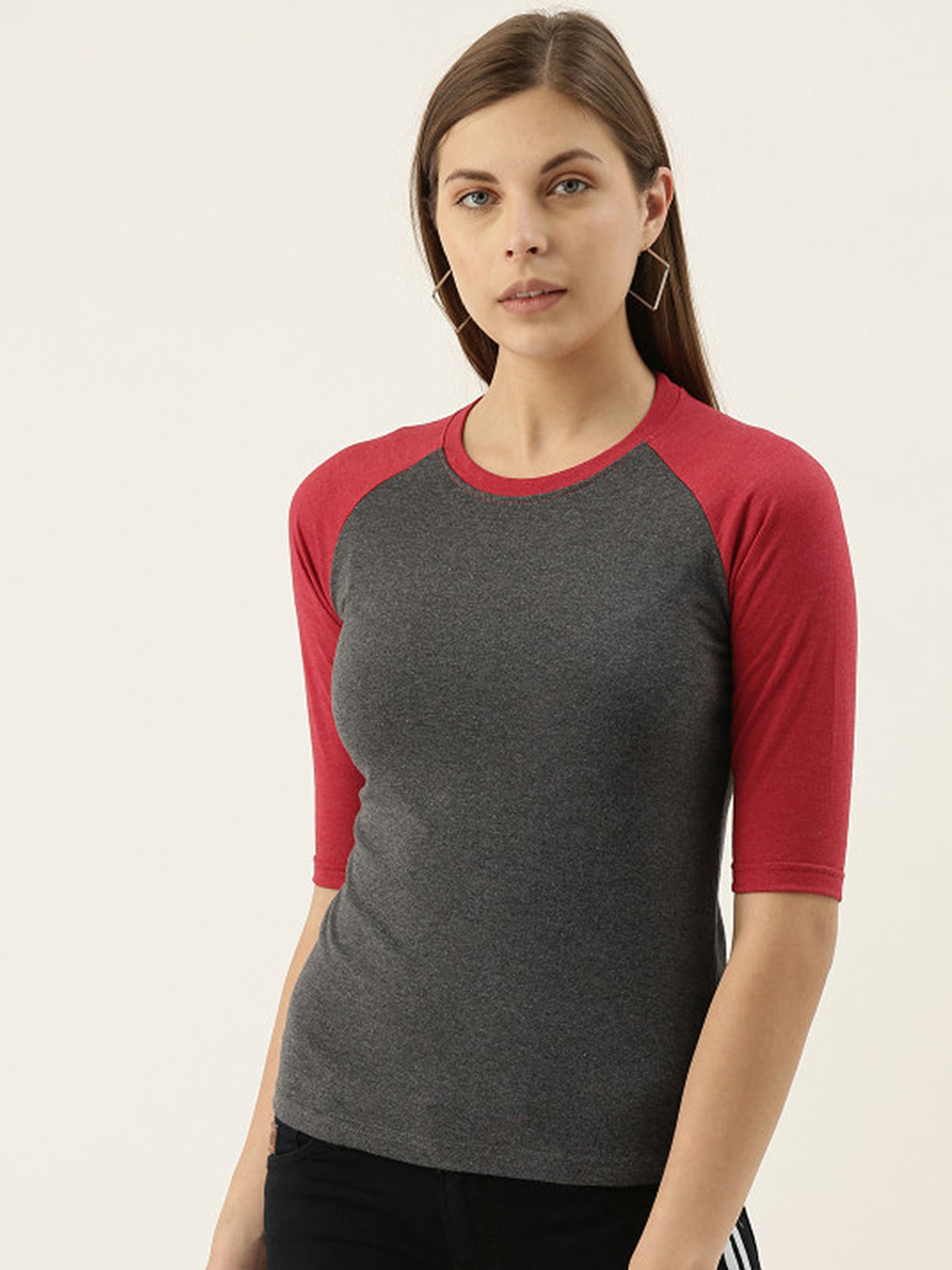 PINACOLADA Women Charcoal Grey Solid Round Neck T-shirt