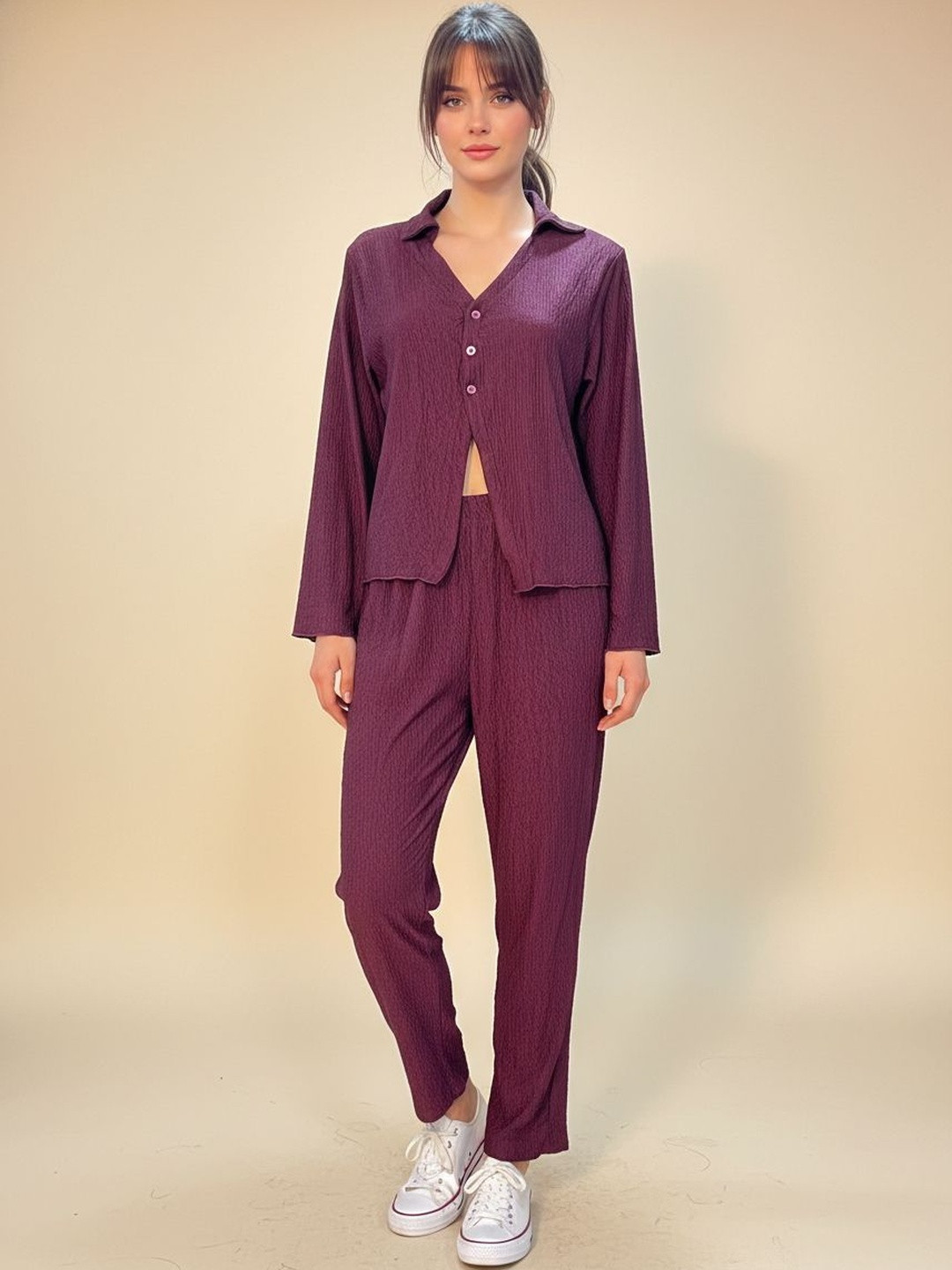 Burgundy Self Design Shirt with Trousers