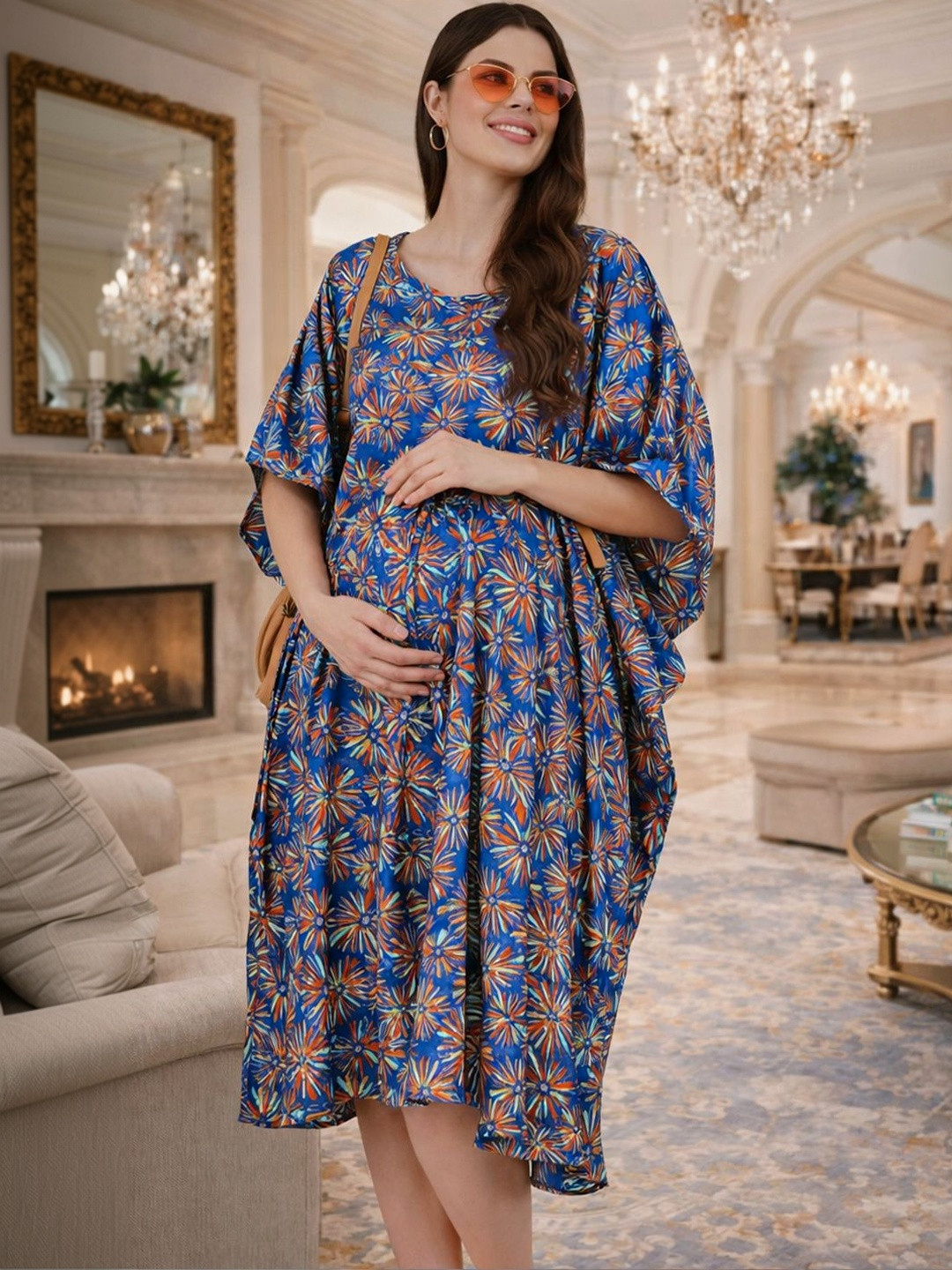 angloindu Floral Print Kimono Sleeve Kaftan Dress