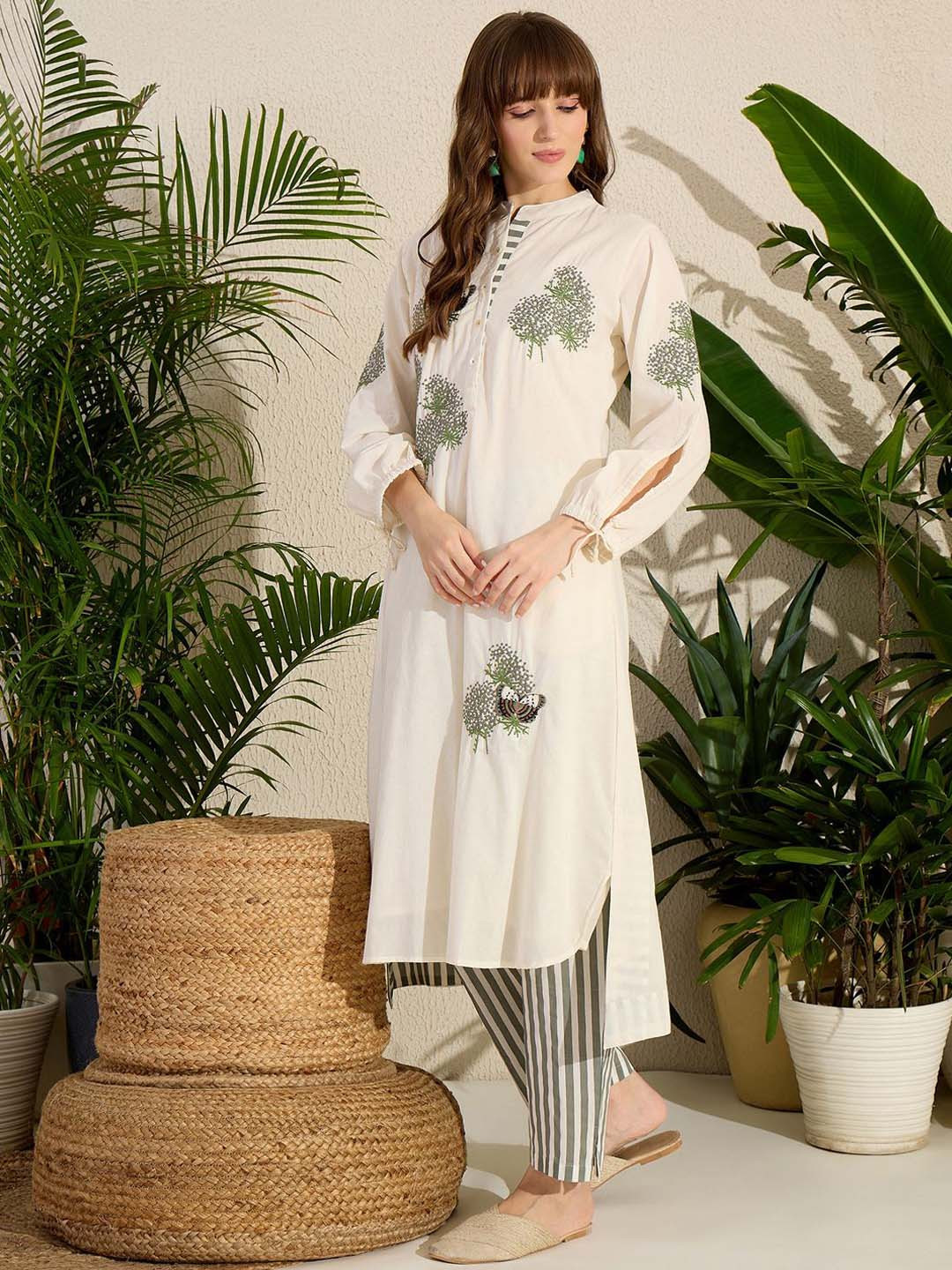 Indo Era Floral Embroidered Mandarin Collar Straight Pure Cotton Tunic With Trouser