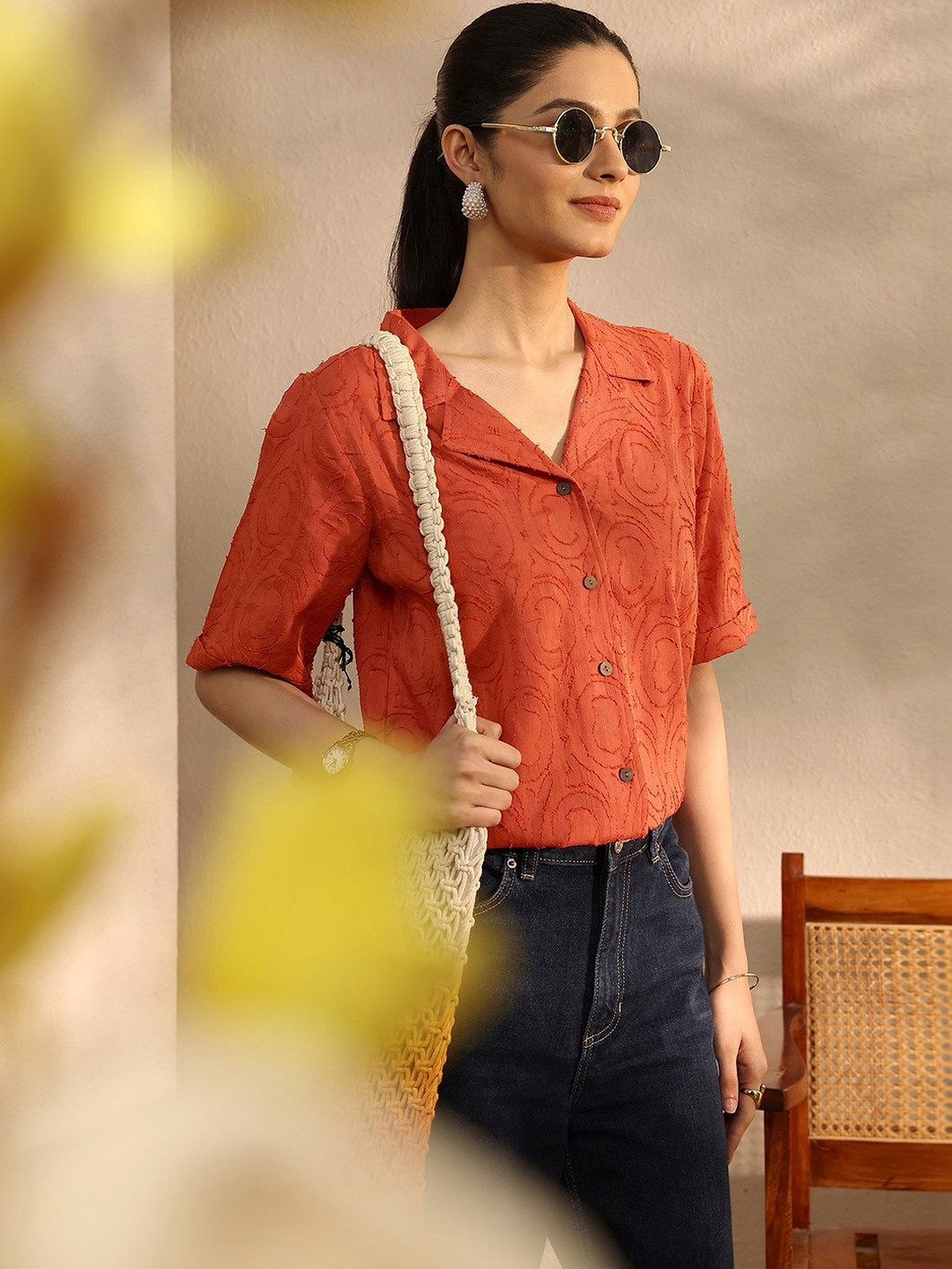 Libas Women Orange Self Design Cotton Straight Shirt