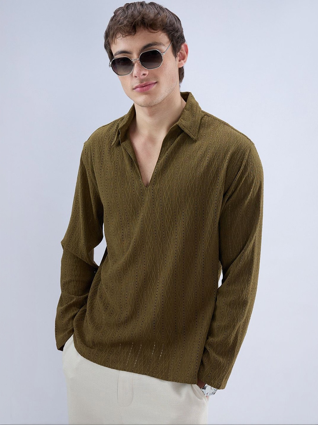 VASTRADO Olive Fine Lozenge Weave Polo Oversized Shirt