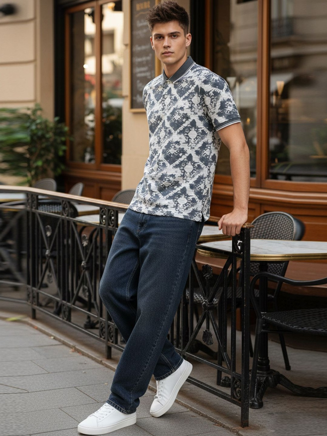 STEVE STATUS Men Tie and Dye Printed Polo Collar T-shirt