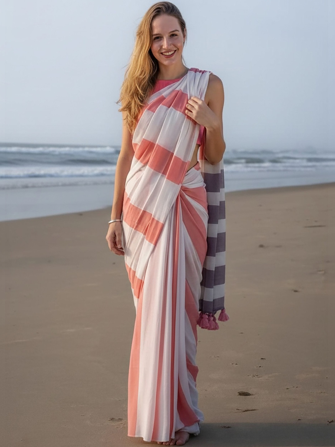 Dhaaga Ghar Striped Linen Blend Fusion Block Print Saree