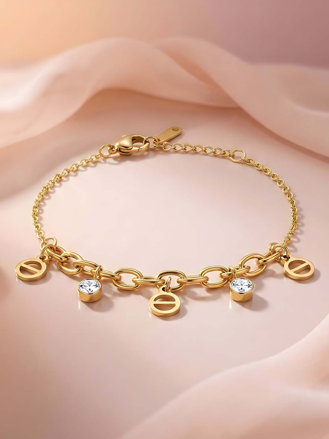 ADIVA 18K Gold-Plated Anti-Tarnish Crystal Drop & Circular Motif Charm Bracelet