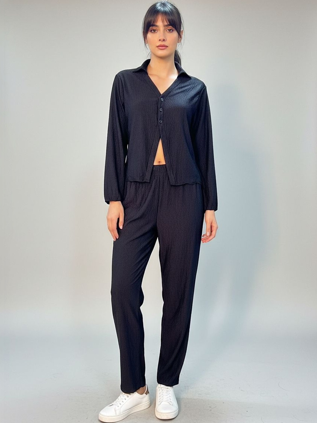FABLAND Black Solid Shirt and Trousers Set