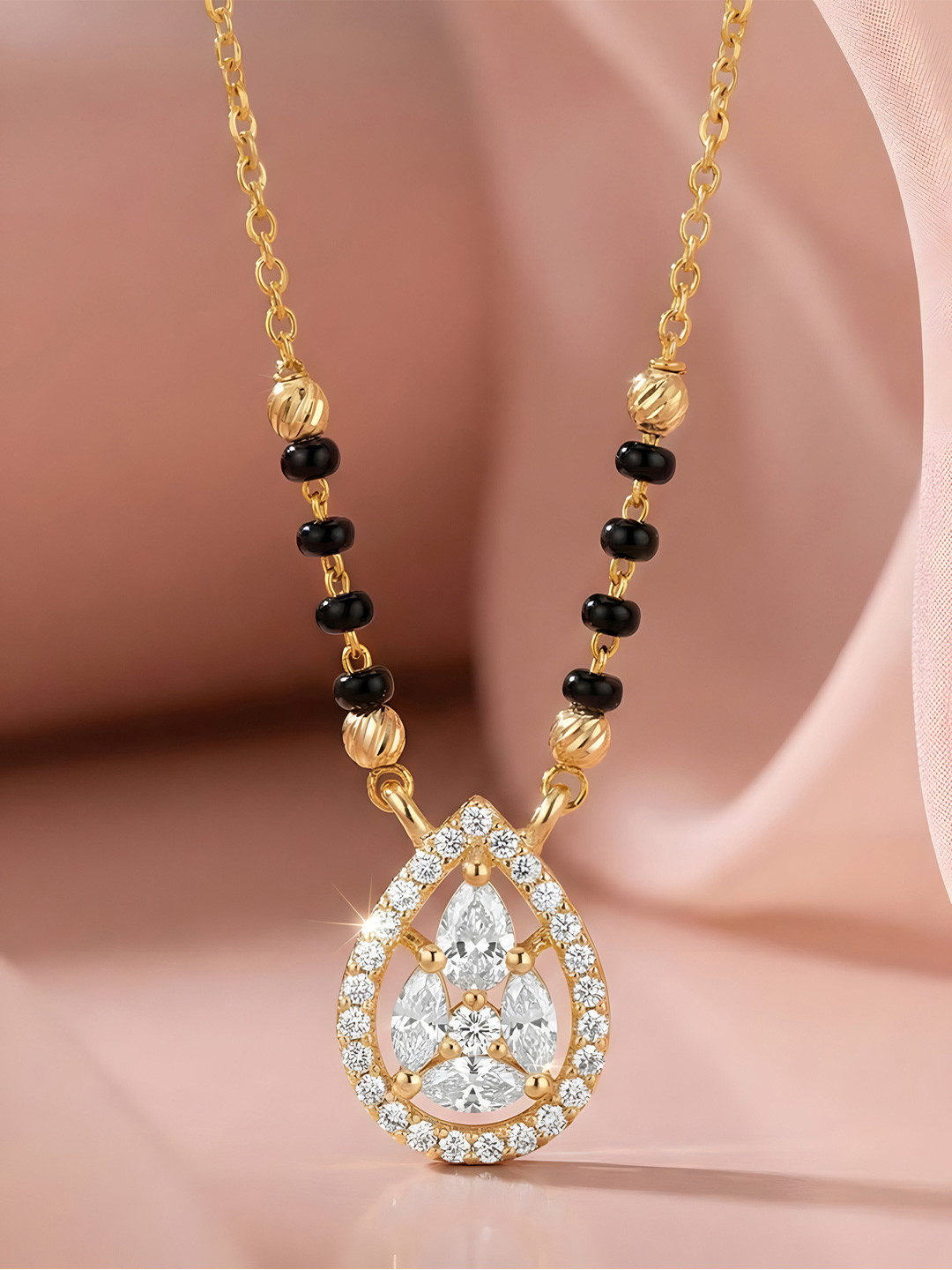 ADIVA Women Gold Plated Mangalsutra with Black Beads and CZ Teardrop Pendant