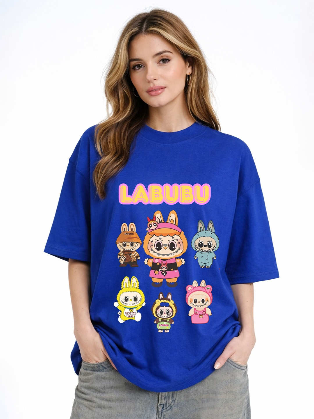 RAYACLOSET Graphic Printed Round Neck Drop Shoulder Cotton Oversized T-shirt