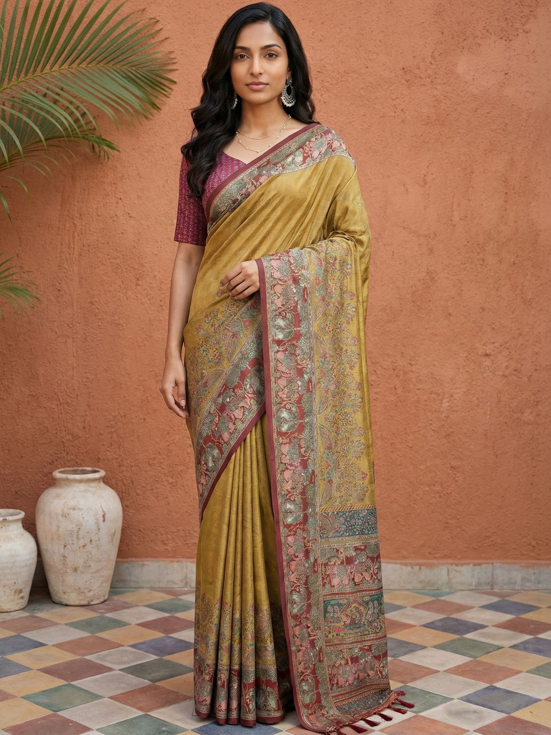 SOURAGYA Kalamkari Silk Blend Bagru Saree