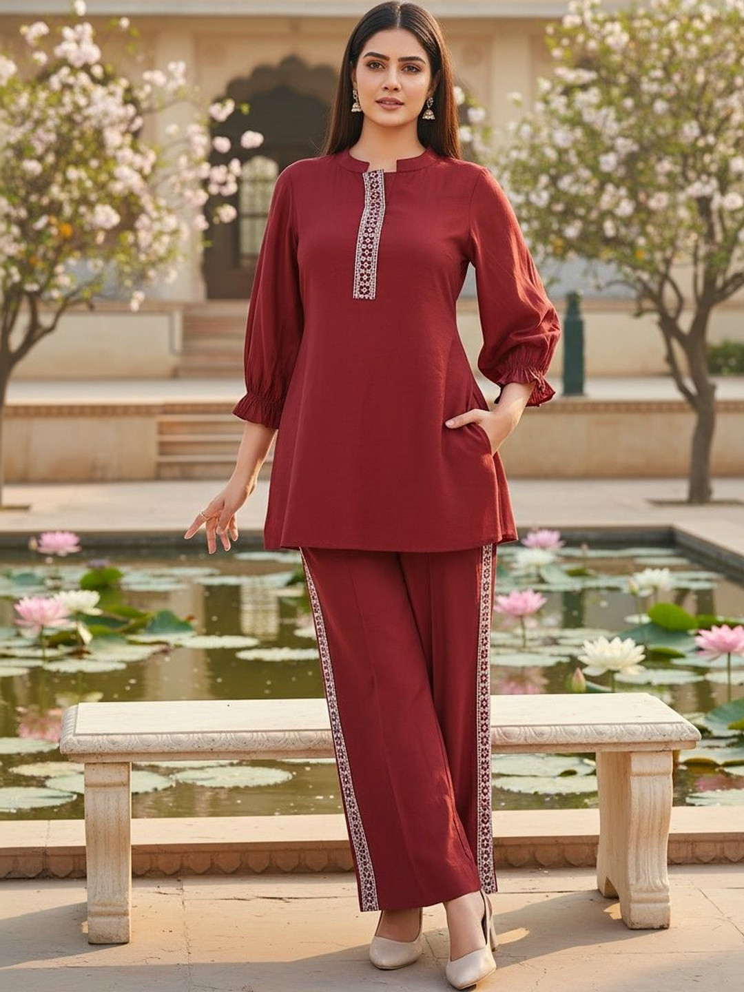 Embroidered Maroon Tunic with Trousers