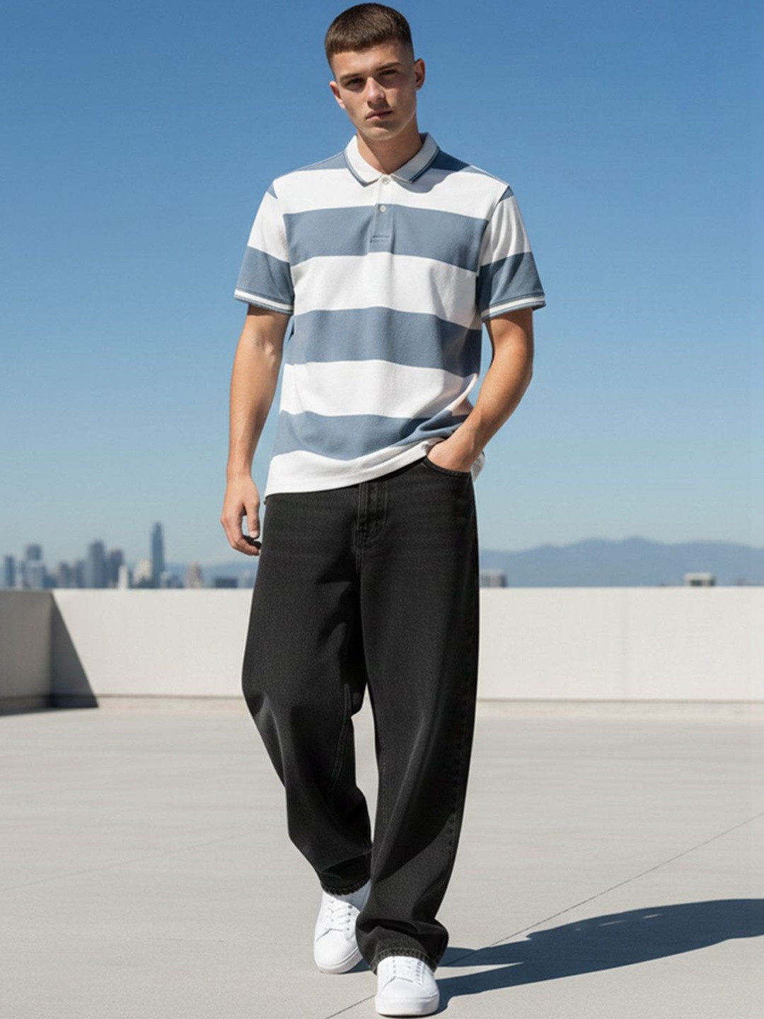 STEVE STATUS Men Striped Polo Collar Pockets T-shirt