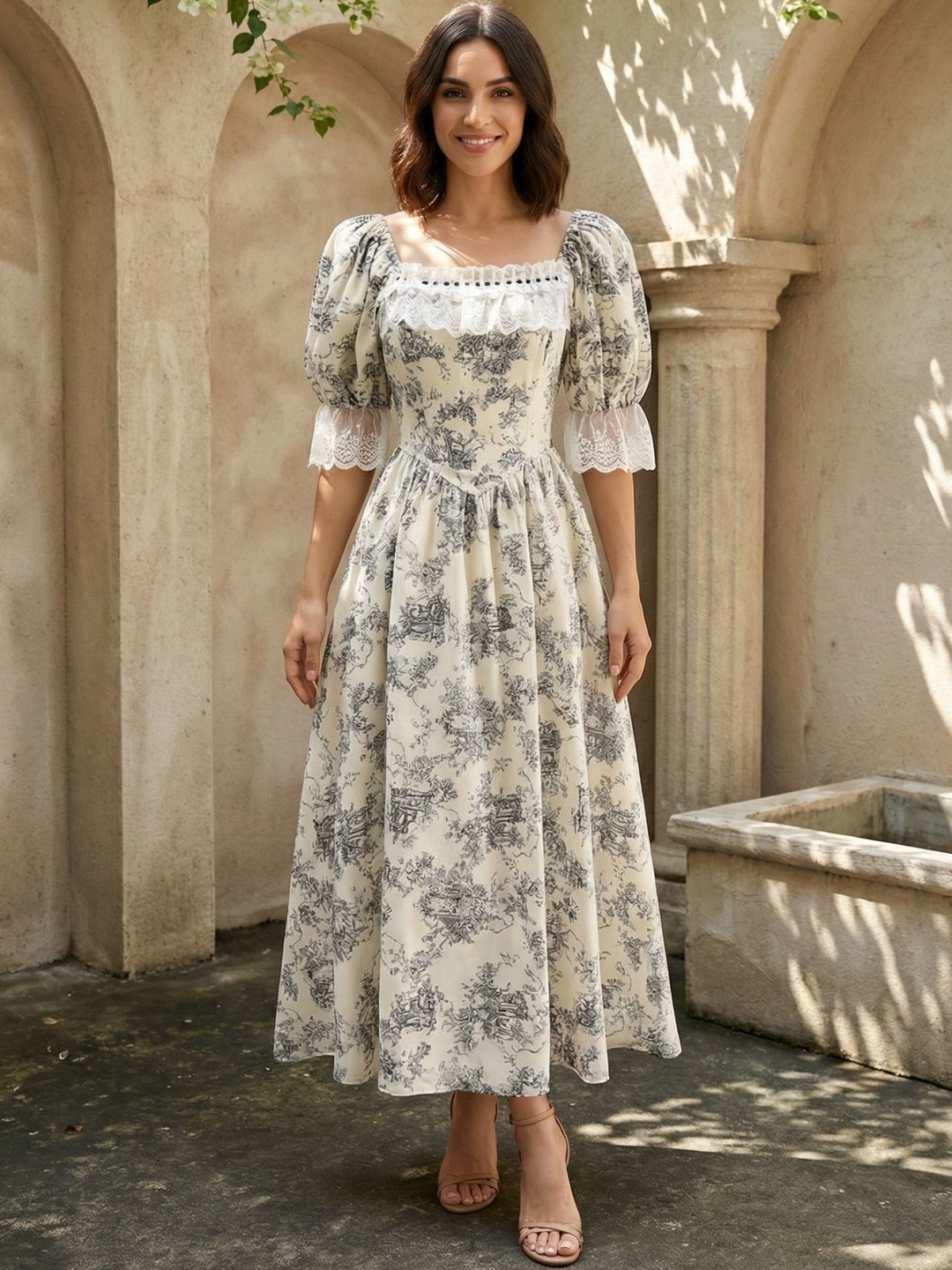 Zucchini Floral Print Puff Sleeve Lace A-Line Midi Dress