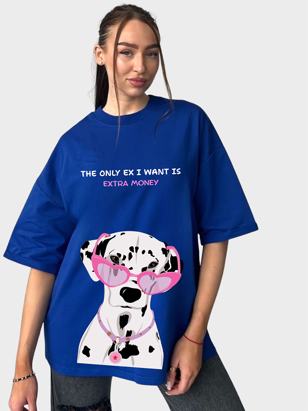 RAYACLOSET Graphic Printed Round Neck Drop Shoulder Cotton Oversized T-shirt
