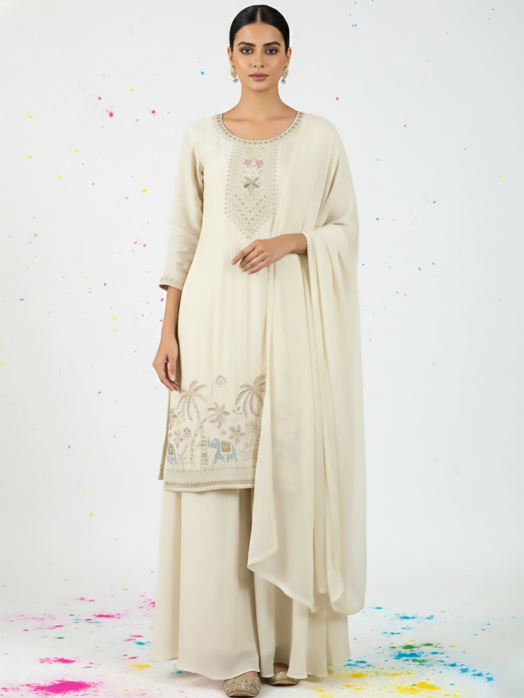 Varanga Women Ethnic Motifs Embroidered Regular Thread Work Kurta with Palazzos & With Dupatta