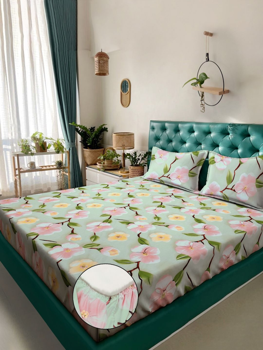 Myntra Elegant Green Floral Printed Fitted 300 TC King 7D Bedsheet & 2 Pillow Covers