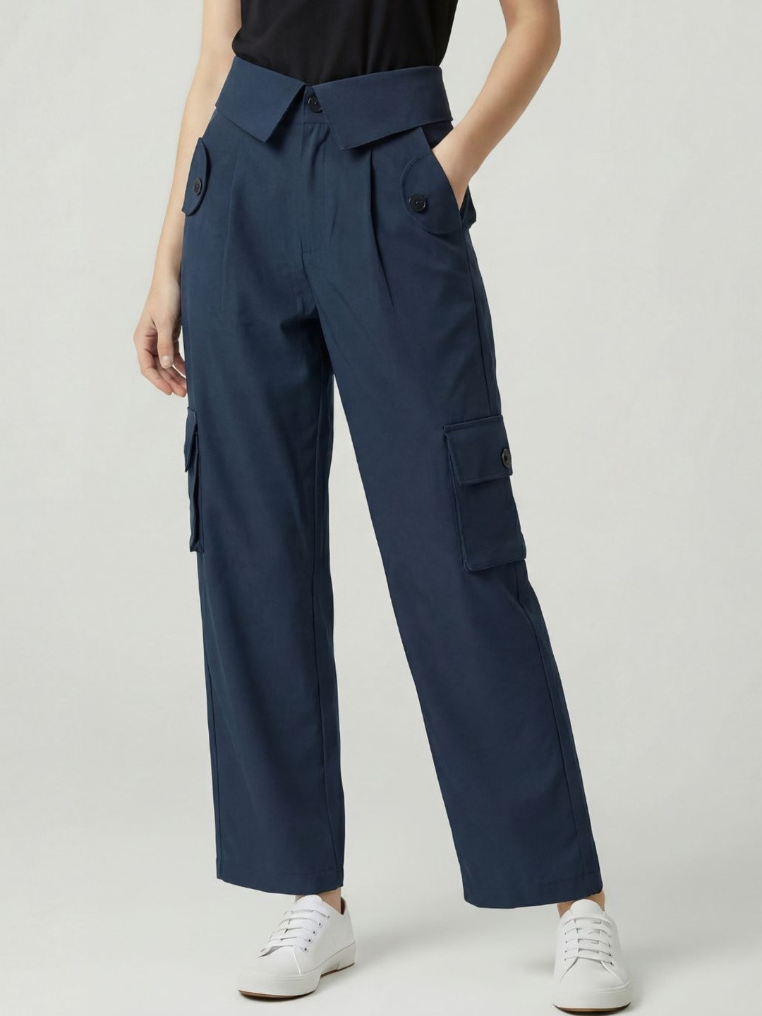 AIOQ Women Relaxed High-Rise Easy Wash Cargos Trousers