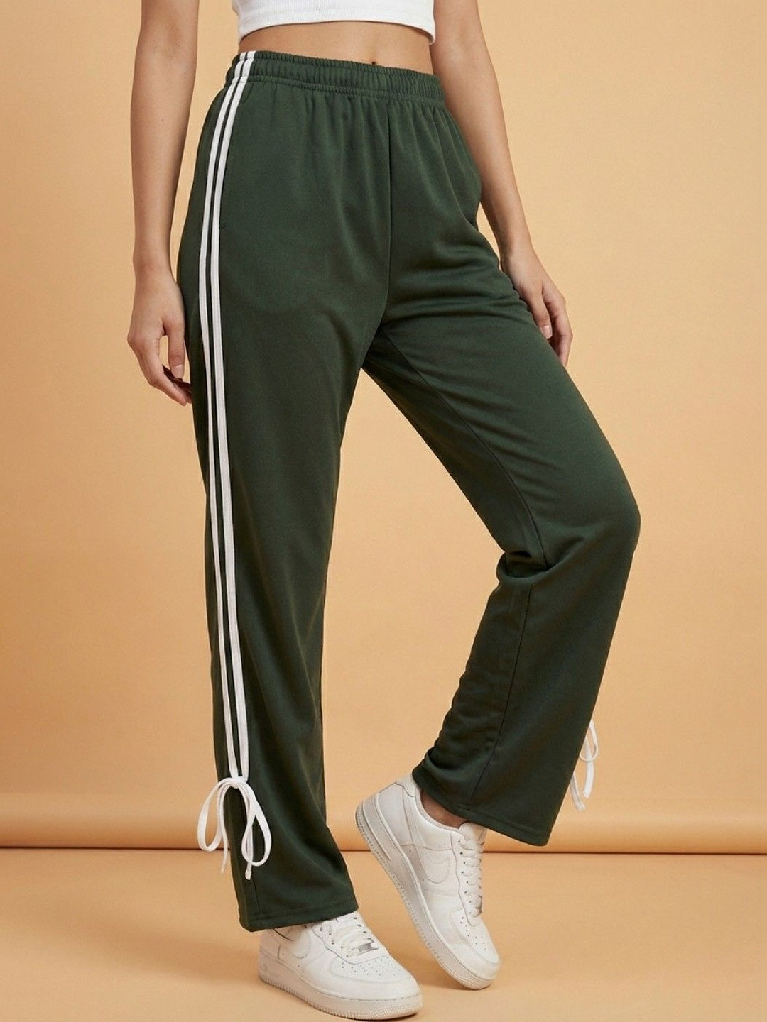 QIOA Women Striped Relaxed Straight Fit High-Rise Easy Wash Trousers