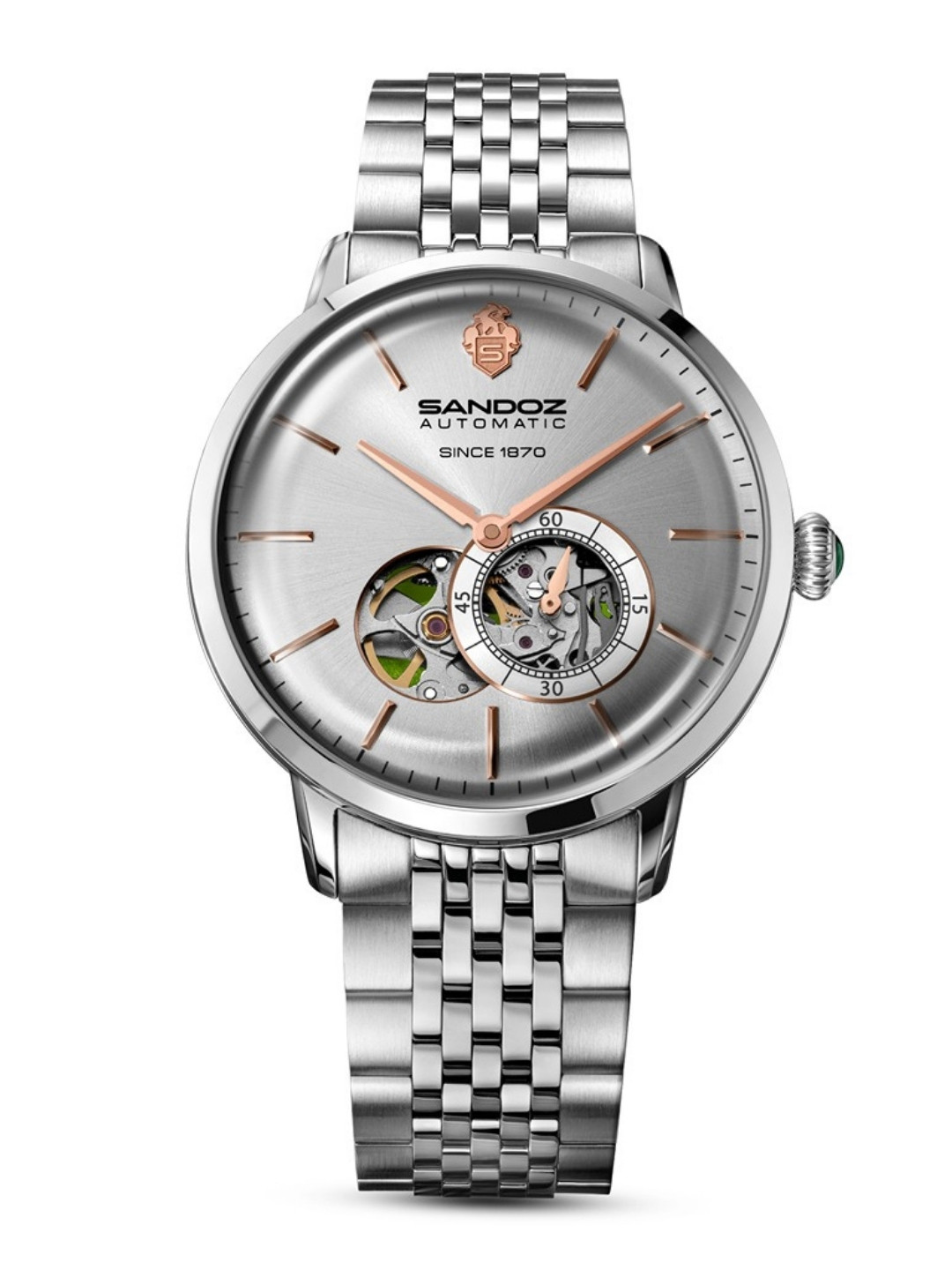 SANDOZ Men Rochettes Skeleton Dial Stainless Steel Bracelet Style Strap Automatic Watch