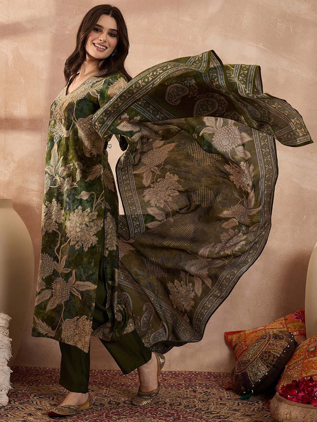 AHIKA Women Ethnic Motifs Printed Regular Kurta with Trousers & With Dupatta